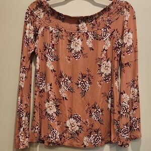 Ultra Flirt Pink and White Smocked Long Sleeve Blouse